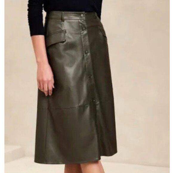 Banana Republic Vegan Leather Midi Skirt Olive Green size 8 - Picture 1 of 8